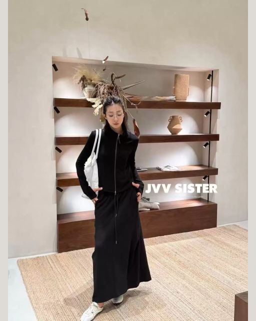 슬림핏 집업 가디건 롱스커트 투피스 세트 대표 미리보기