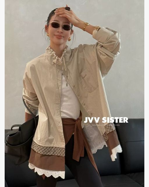 프릴넥 체크 레이어드 배색 셔츠 자켓 대표 미리보기